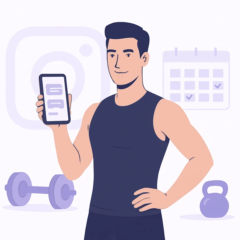 A fitness trainer in a gym reviewing Instagram direct messages and booked sessions on a phone